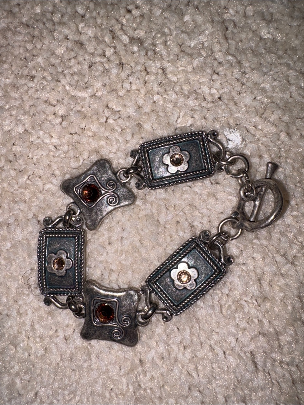 Avgad Floral Link Bracelet Womens OS Silver Brown Good Vintage Amber Accents